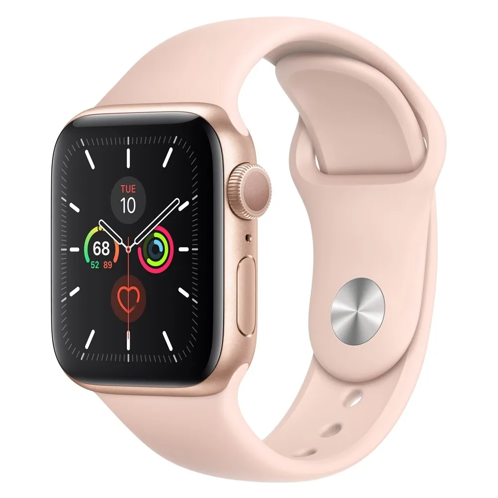 apple-watch-5-series-40mm--gold-aluminum-case-with-pink-sport-band اپل واچ دست دوم سری 5 40 میلیمتری باطری 69 - Image 1